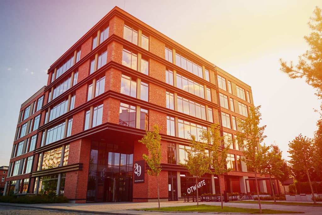 A commercial building built according to fire risk assessment legal requirements